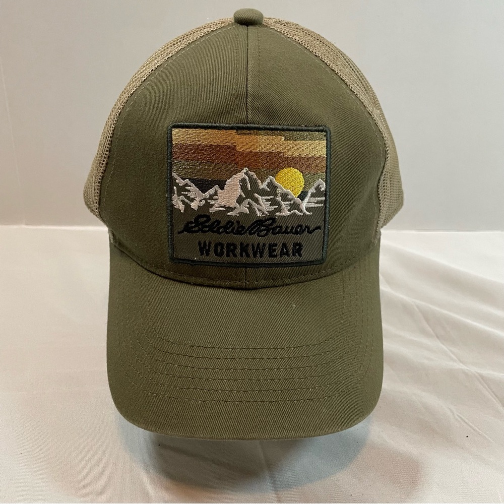Eddie Bauer Workwear Trucker Hat Olive Green‎ Tan Mesh Snapback Mountain Patch